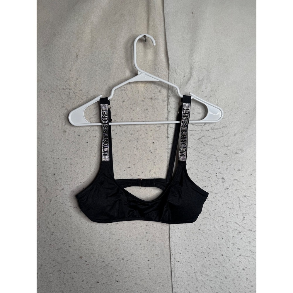 Victorias Secret Black Shine Strap Rhinestone Logo Bikini Top Swimwear Small